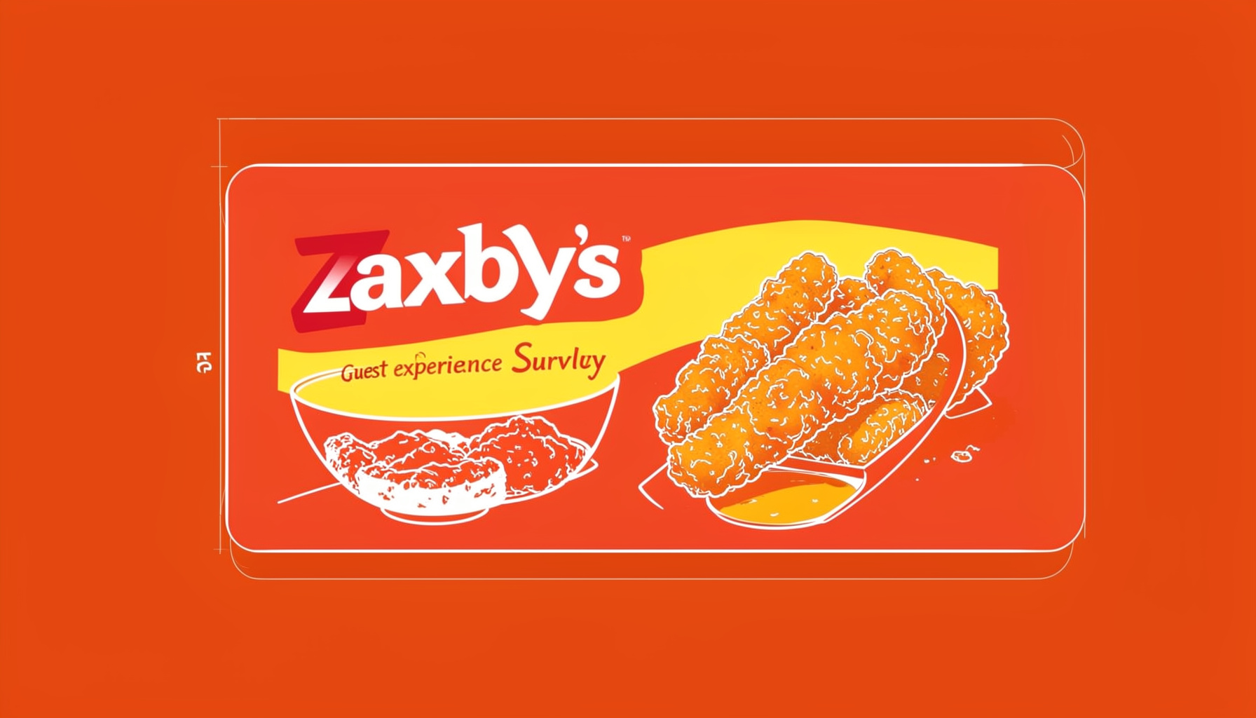 Zaxby's guest experience survey card with chicken fingers and Zax sauce in bold red and yellow