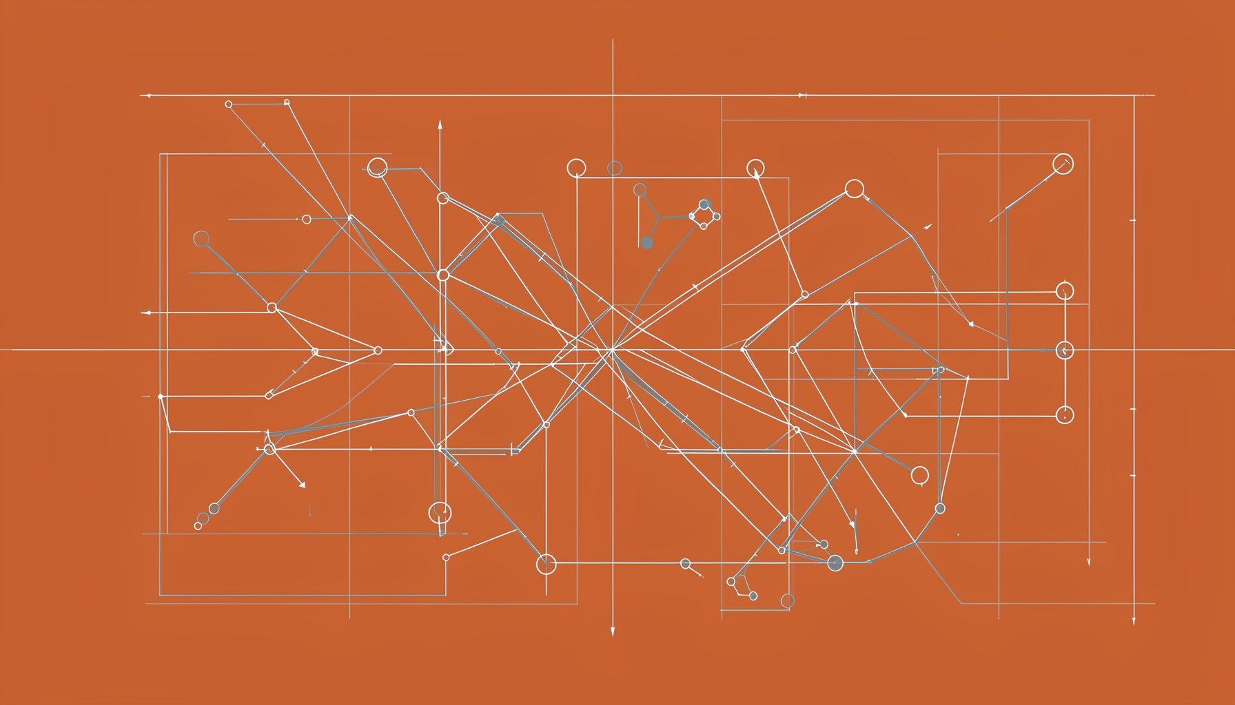Abstract technical blueprint drawing with interconnected nodes and geometric lines in muted slate blue and warm gray tones, conveying strategic planning and digital infrastructure