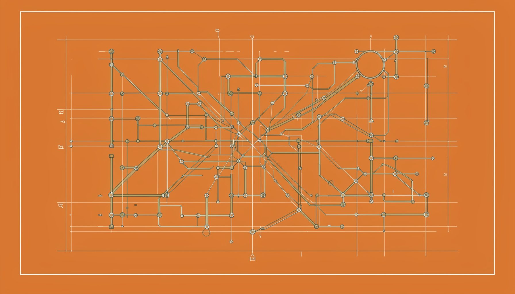 Abstract technical blueprint drawing with interconnected nodes and pathways in muted green and charcoal tones on a light background