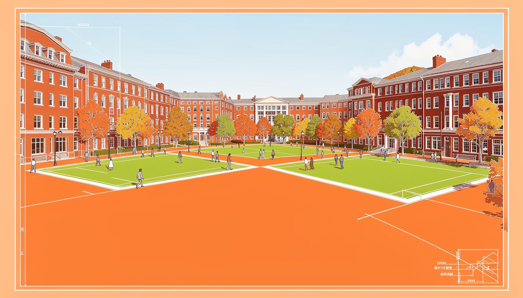 A wide atmospheric view of a university campus quad on a sunny autumn day, with red-brick buildings, green lawns, and scattered students walking between classes
